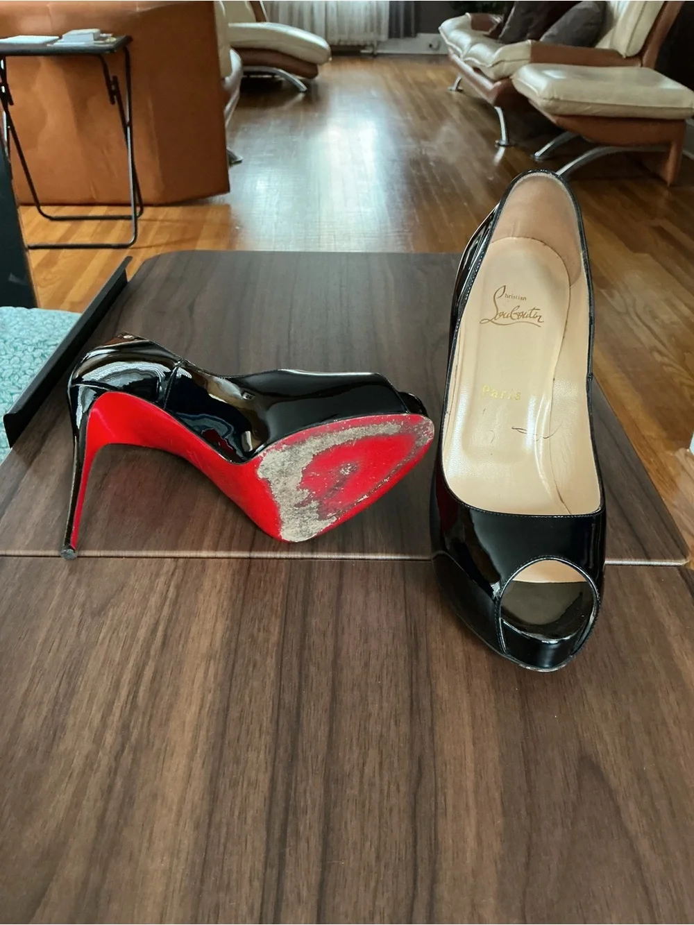 Christian Louboutin Black Patent Spike Platform Pumps with Red Soles